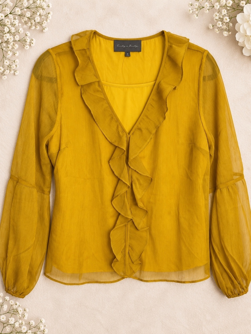 Anthropologie Sunday in Brooklyn Blouse Mustard Sheer Ruffle XS